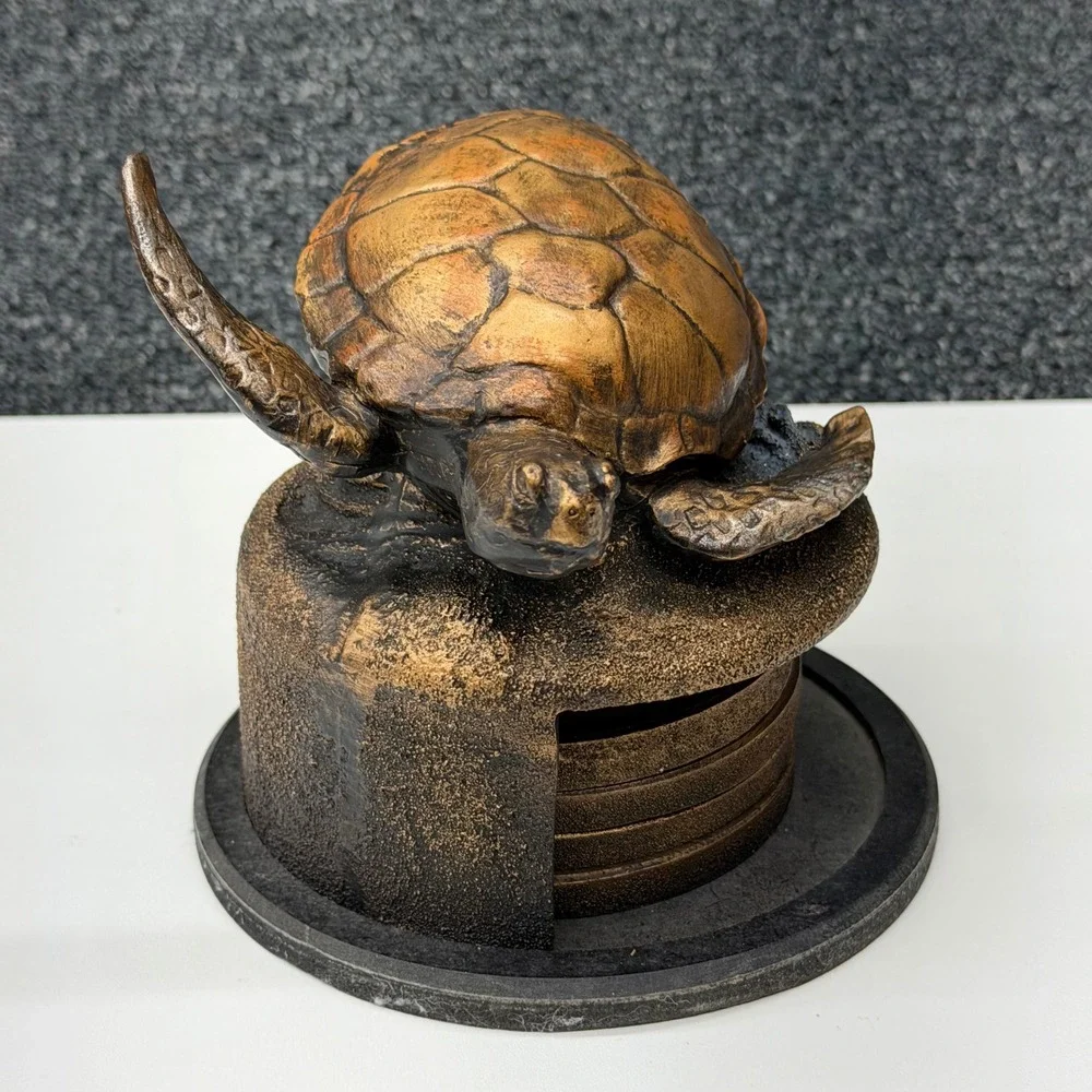 Sea Turtle Coaster Set with Holder Bronze Tone Nautical Coastal Decor 5pc Set